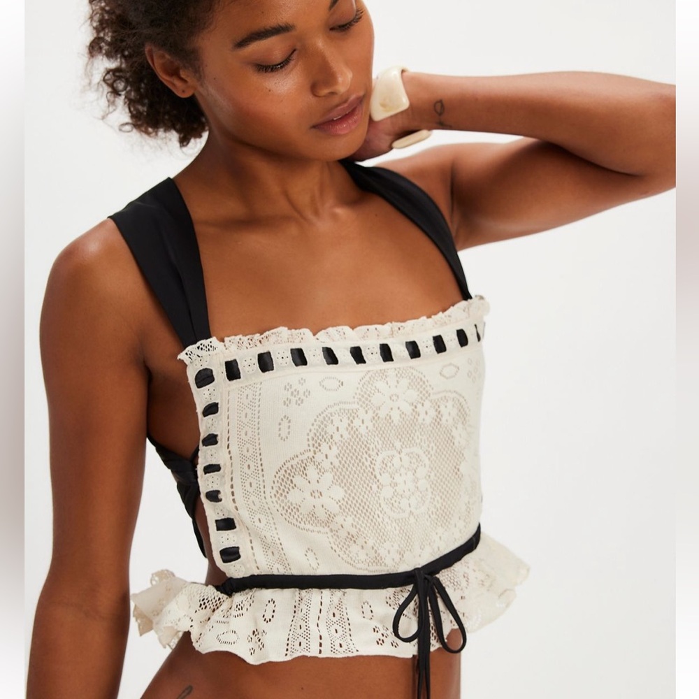 For Love and Lemons by Free People—-Lace Ruffle Crop Top with Black Straps—
